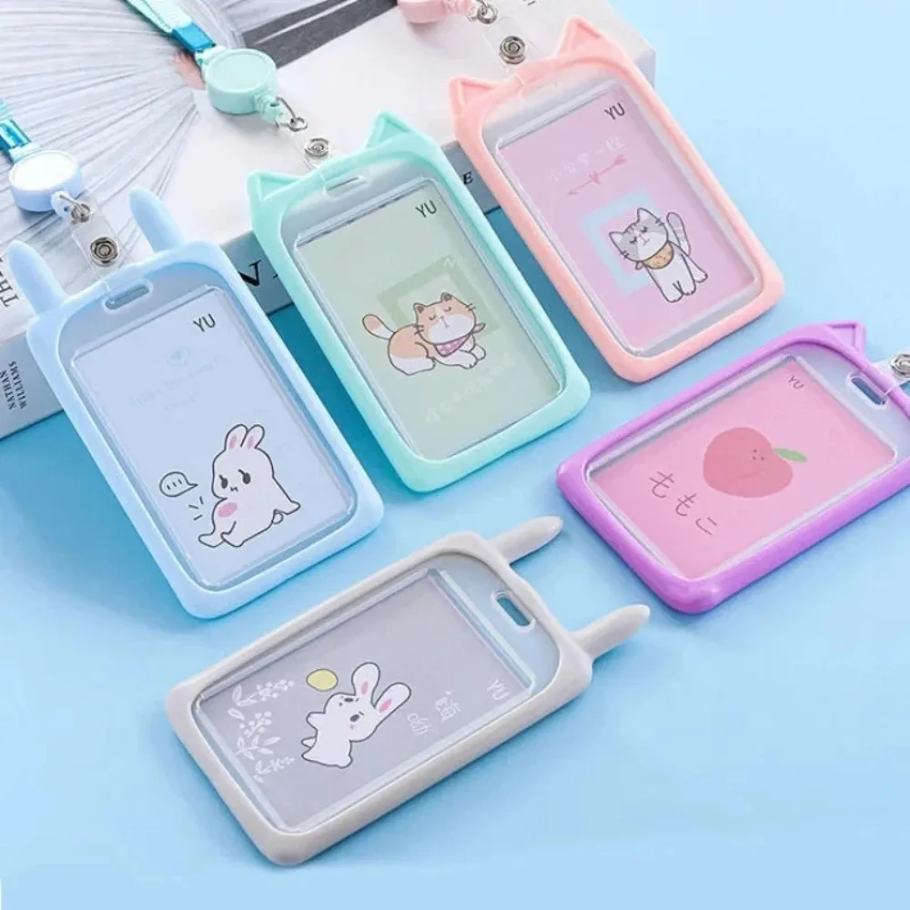 Women Cute Cartoon Cat Ear Kawaii Bank Bus ID Card Holder Wallet Pink Card Cover Case Credit with 40cm Retractable Reel Lanyard