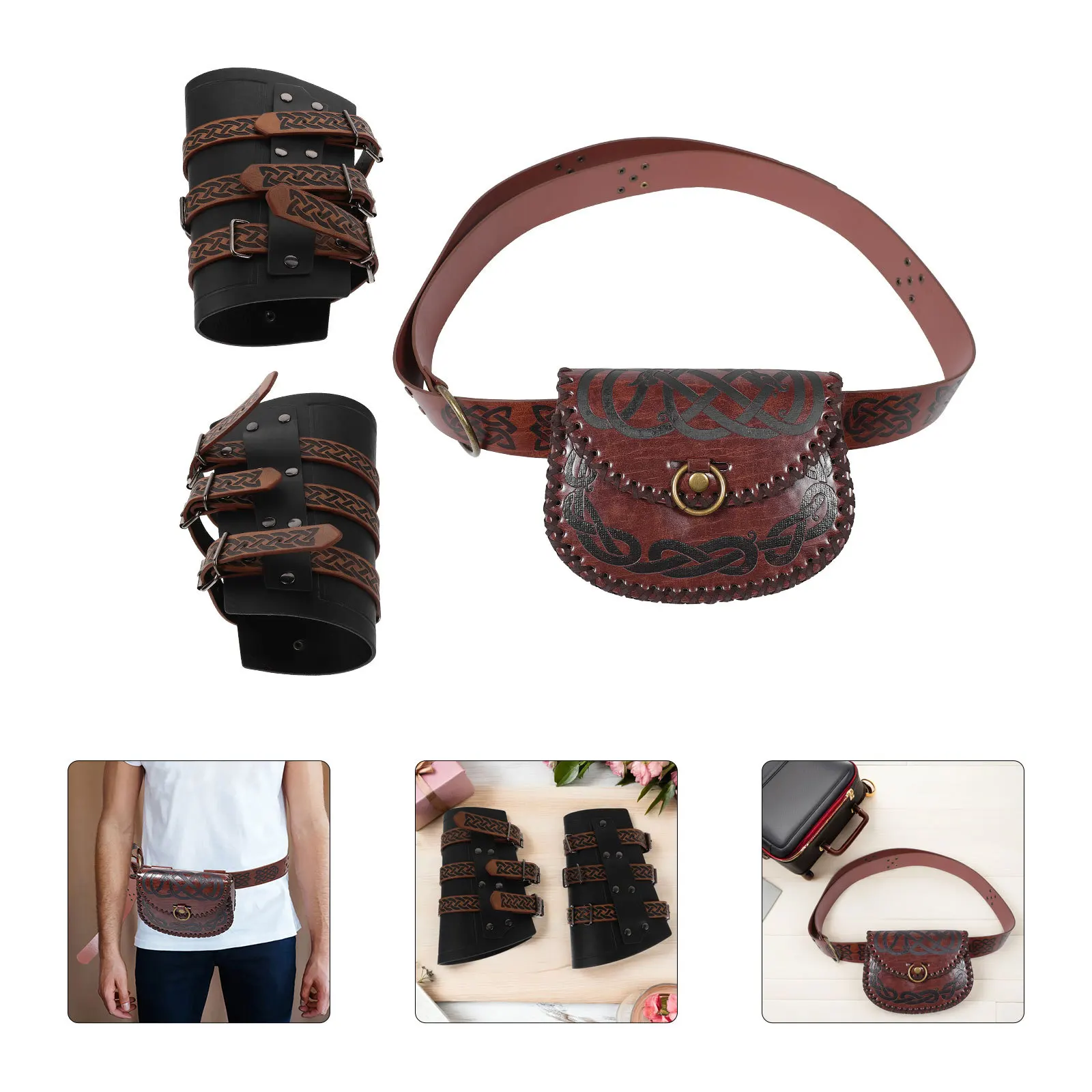 

3Pcs Medieval Belt Accessory Set Embossed Vintage PU Waist Bag Arm Bracers Viking Renaissance Cosplay Festival