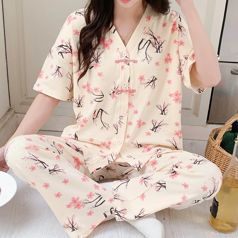 

Women Pajamas Sets Spring Spring Short Sleeve Kimono Pyjamas Cardigan Home Clothing Young Girl Printed Loose Casual Sleepwear