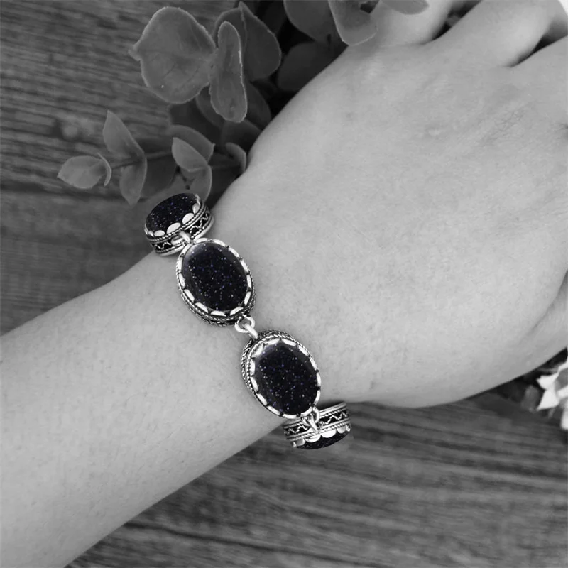 Oval Dark Blue Shinning Stone Strand Bracelets For Women Vintage Look Antique Silver Plated Fashion Jewelry