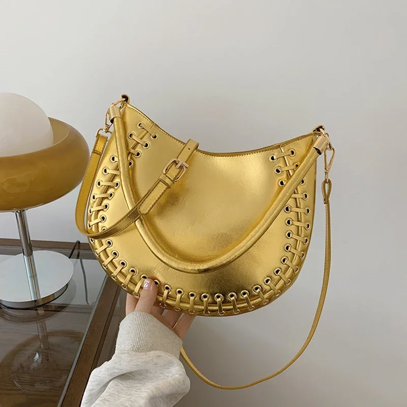 Silver PU Leather Half Moon Design Women Underarm Shoulder Bag Small Handbags 2024 Trendy Luxury Lady Semicircle Crossbody Bag