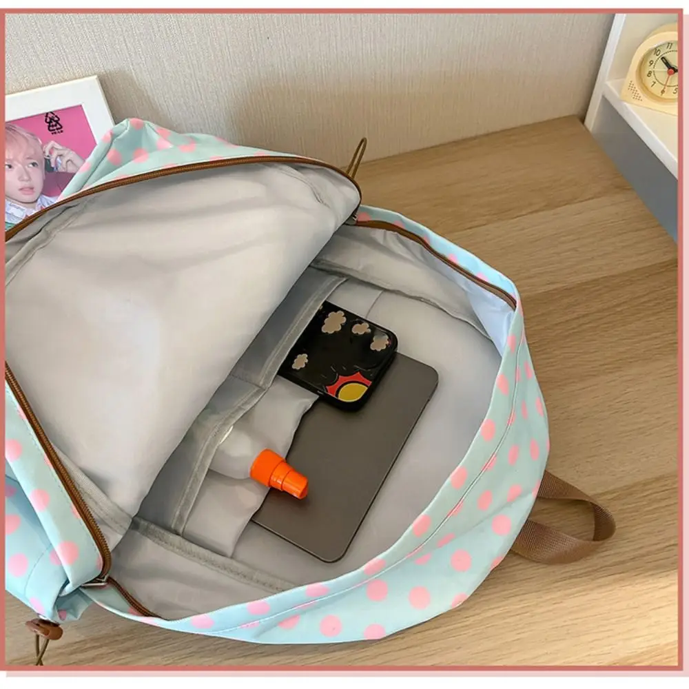 Y2k Süßer Polka-Dot-Rucksack, mehrfarbig, mit mehreren Taschen, Spitzenbesatz, strapazierfähiger minimalistischer Schulrucksack für Studenten und College. – Detail 2