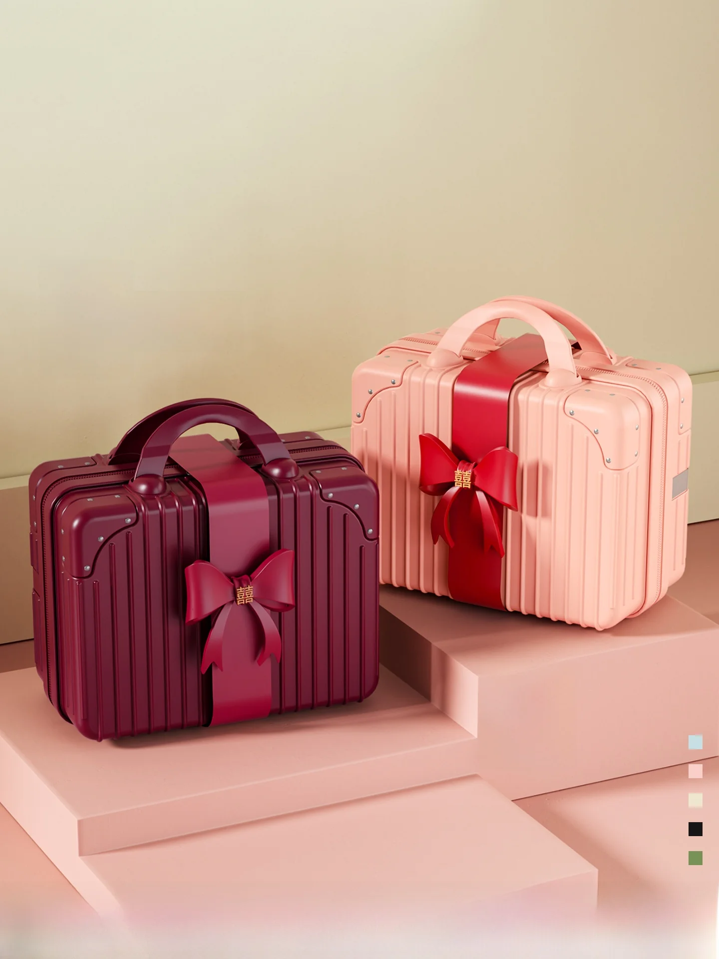 赤いハンドヘルド小型スーツケース、メイクアップバッグ、花嫁介添人用ウェディングギフト包装ボックス、プルロッド付きのおしゃれなハードシェルバッグ