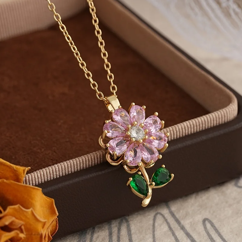 New Product: 360 Degree Rotating Ring and Necklace, Women's High-end Personalized Temperament, Colorful Zircon Flower Jewelry