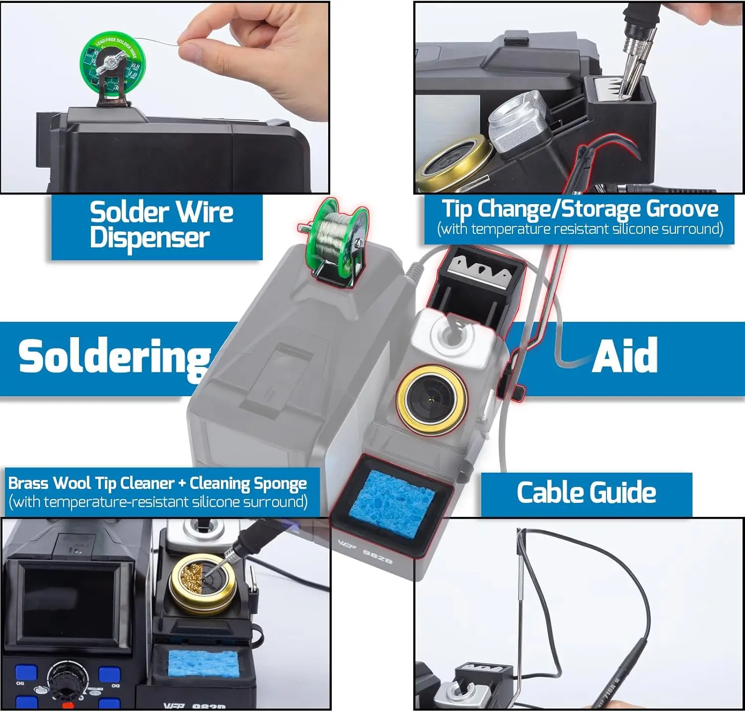 Estación de soldadura de precisión 982D con calibración automática, pantalla inclinable, Compatible con C245/C210, soldadura sin plomo de 2 carretes, 6 carritos