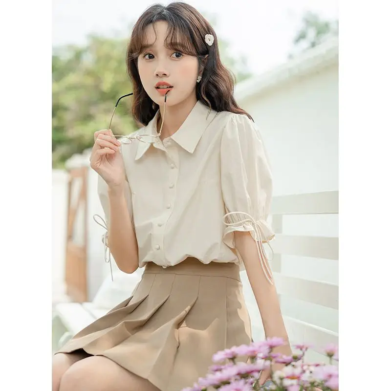 Women Summer Korean Sweet Loose Solid Color Polo-Neck Short Sleeve Shirts Women Clothes Fashion All-match Appear Thin Top Tee