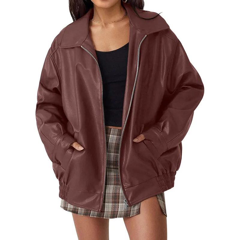 Autumn Winter New Streetwear Fashion Motorcycle Leather Jacket For Women Loose Lapel Solid Color Zipper Cardigans Pockets Coats