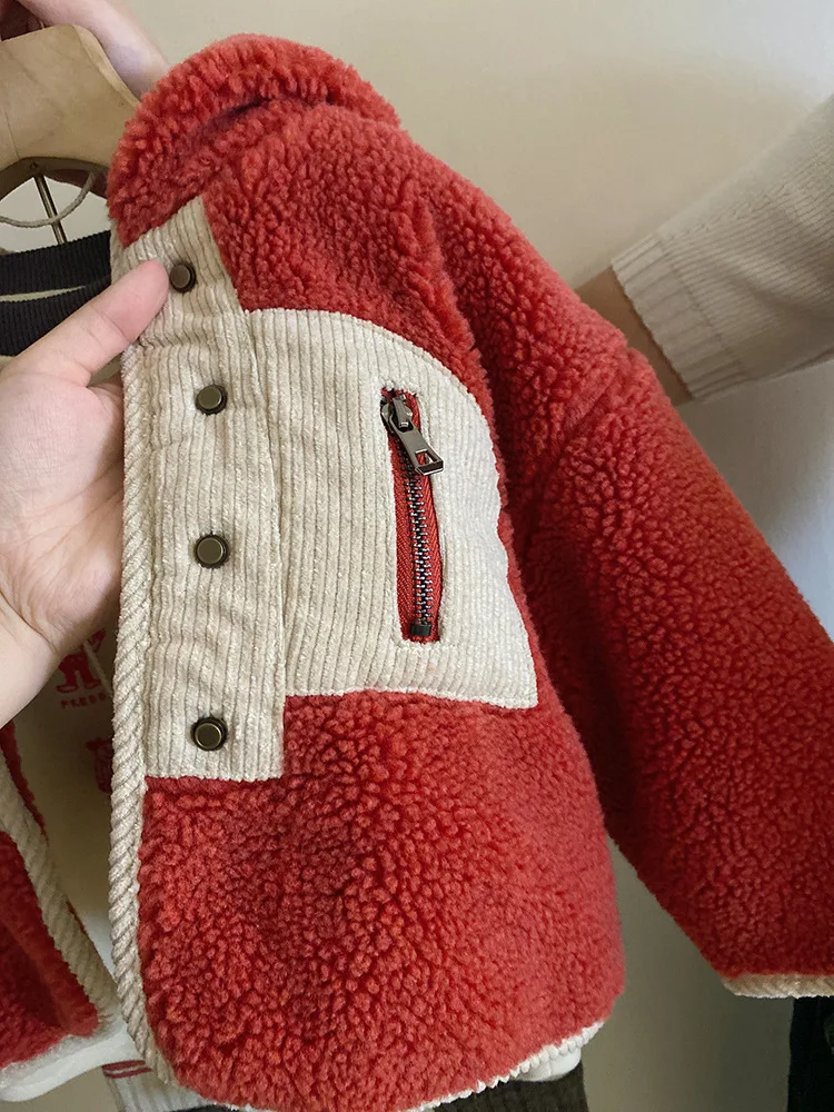 Girls Coat 2024 Autumn New Childrens Wear Korean Style Foreign Style Matching Color Lamb Wool Hooded Coat Casual Simple Daily image 5