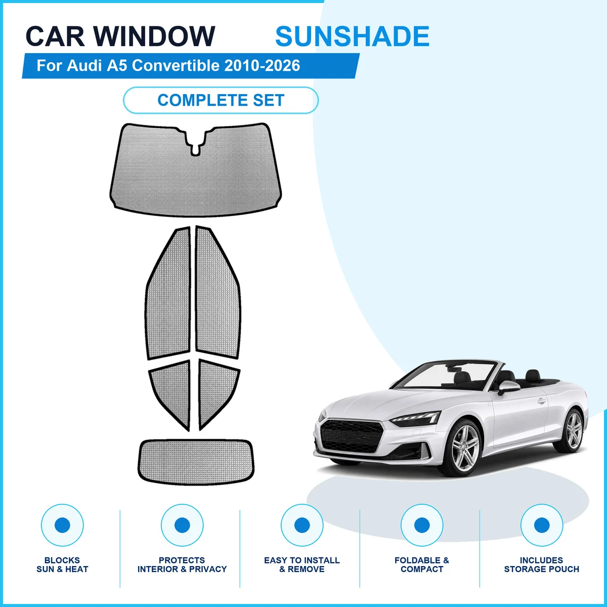 For Audi A5 Convertible 2010-2026 Custom Full Set Window Sunshades Aluminum Foil Suction Cup Anti UV Privacy