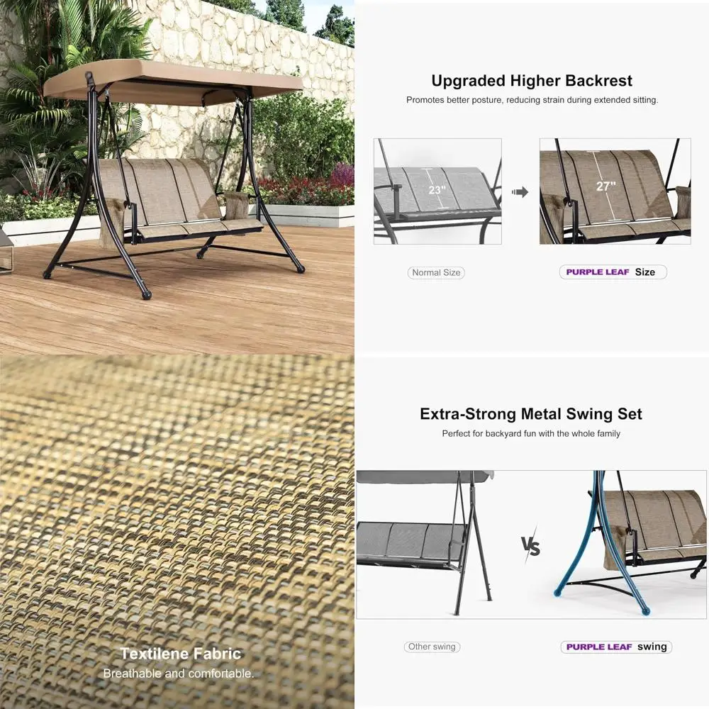 

Luxury 3-Person Outdoor Swing with Durable Steel Construction, Tilt-Adjustable Canopy, Beige