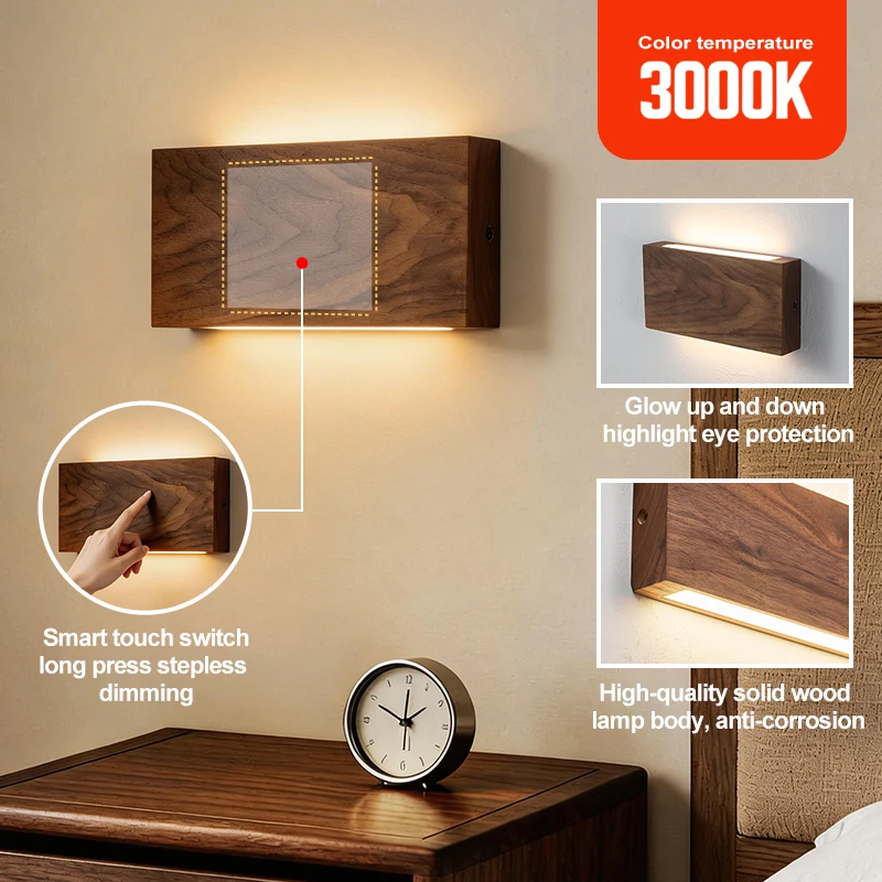 

Светодиодный деревянный настенный светильник 3000K, теплый белый свет, сенсорное диммирование, для спальни, прикроватной зоны, гостиной, прихожей, лестницы, входной зоны