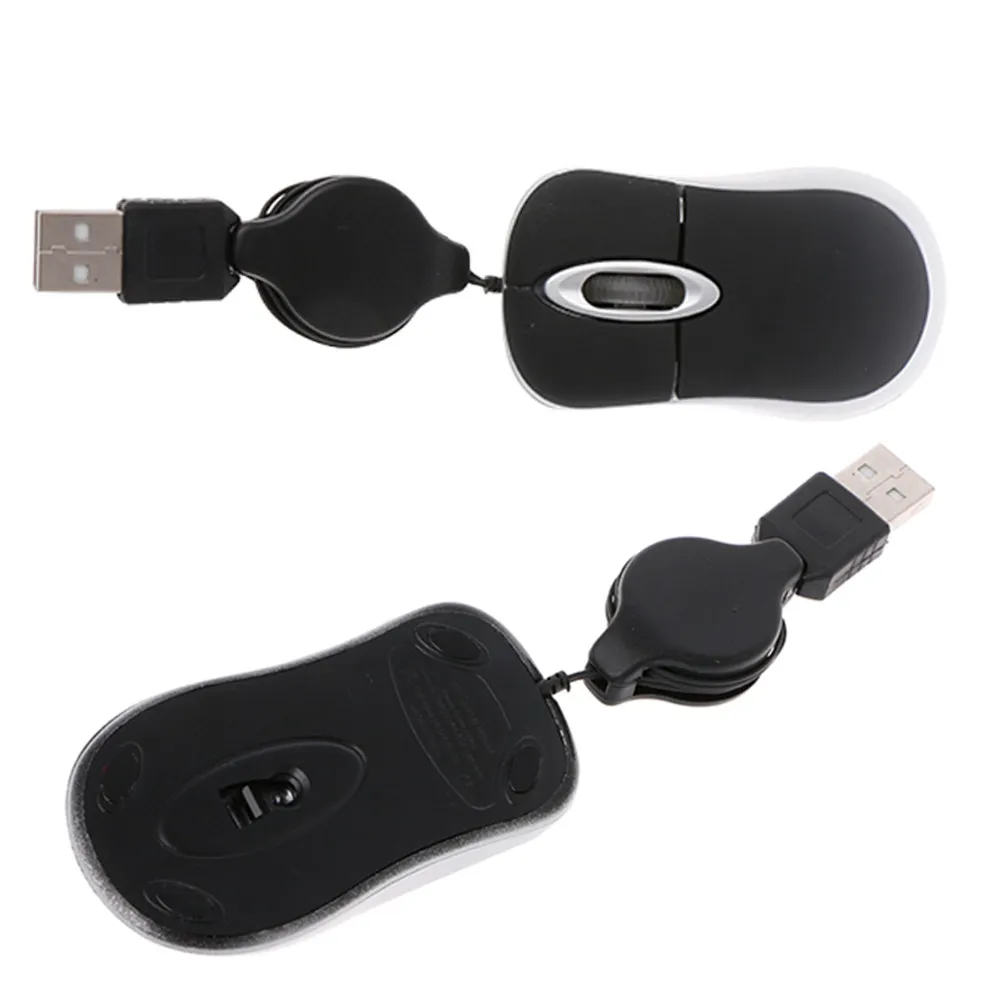 2Pcs Portable Mini USB Optical Mouse Retractable 0.7m Cord Ergonomic Design for Notebook Space Saving Travel