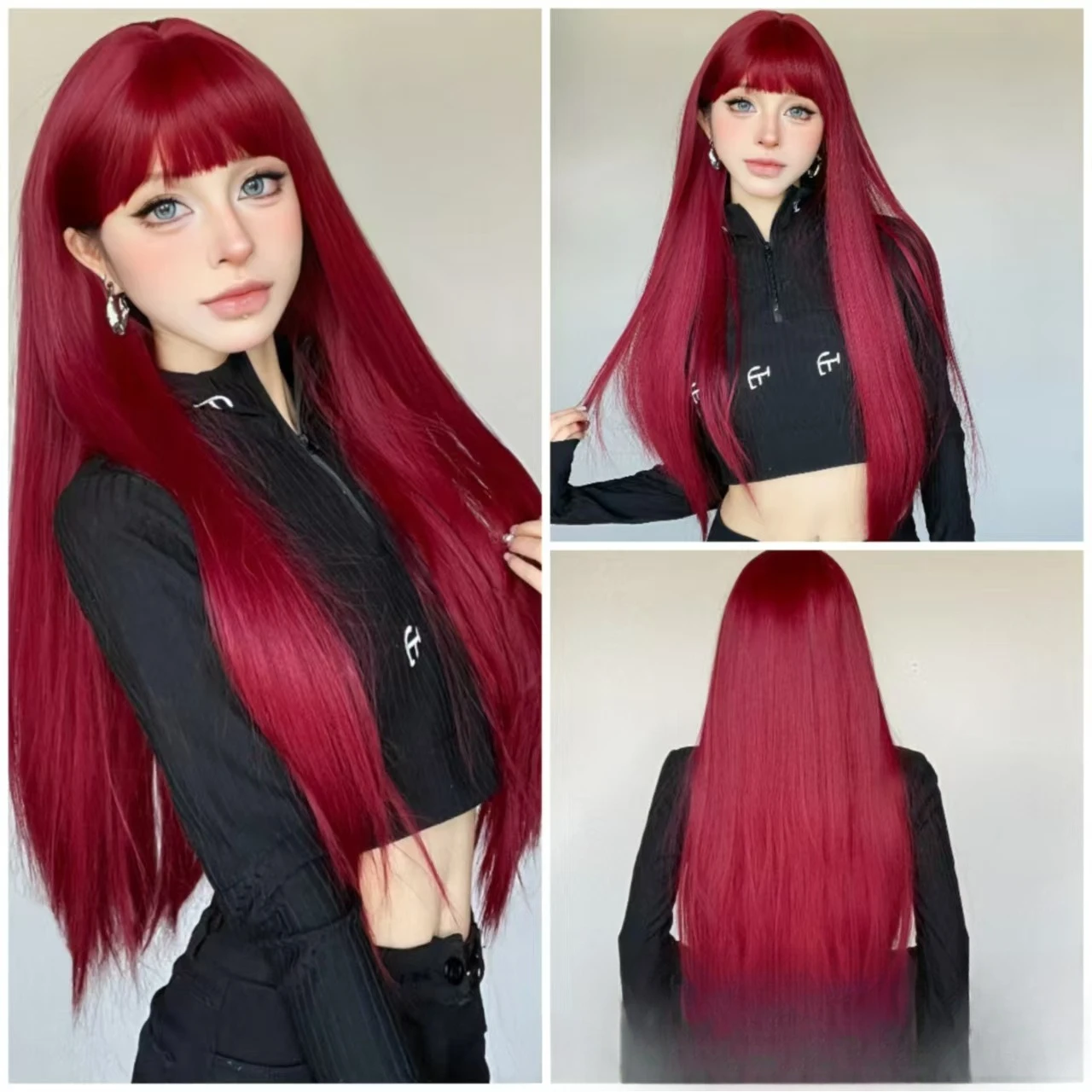 

Wig long straight hair Lolita white girl group jk raspberry red air bangs natural full headgear
