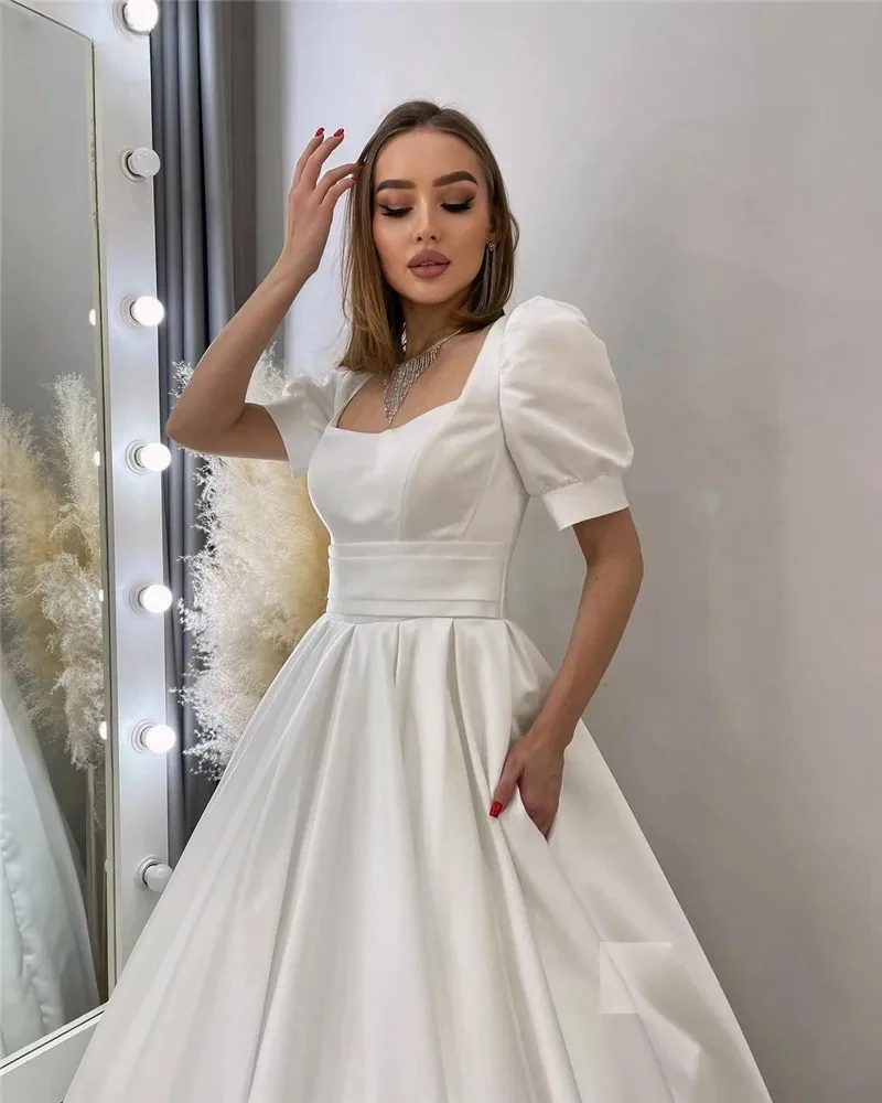 Vestidos de novia abito da sposa principessa manica corta collo quadrato pieghe in raso abiti da sposa una linea stunningpersonalizza su misura