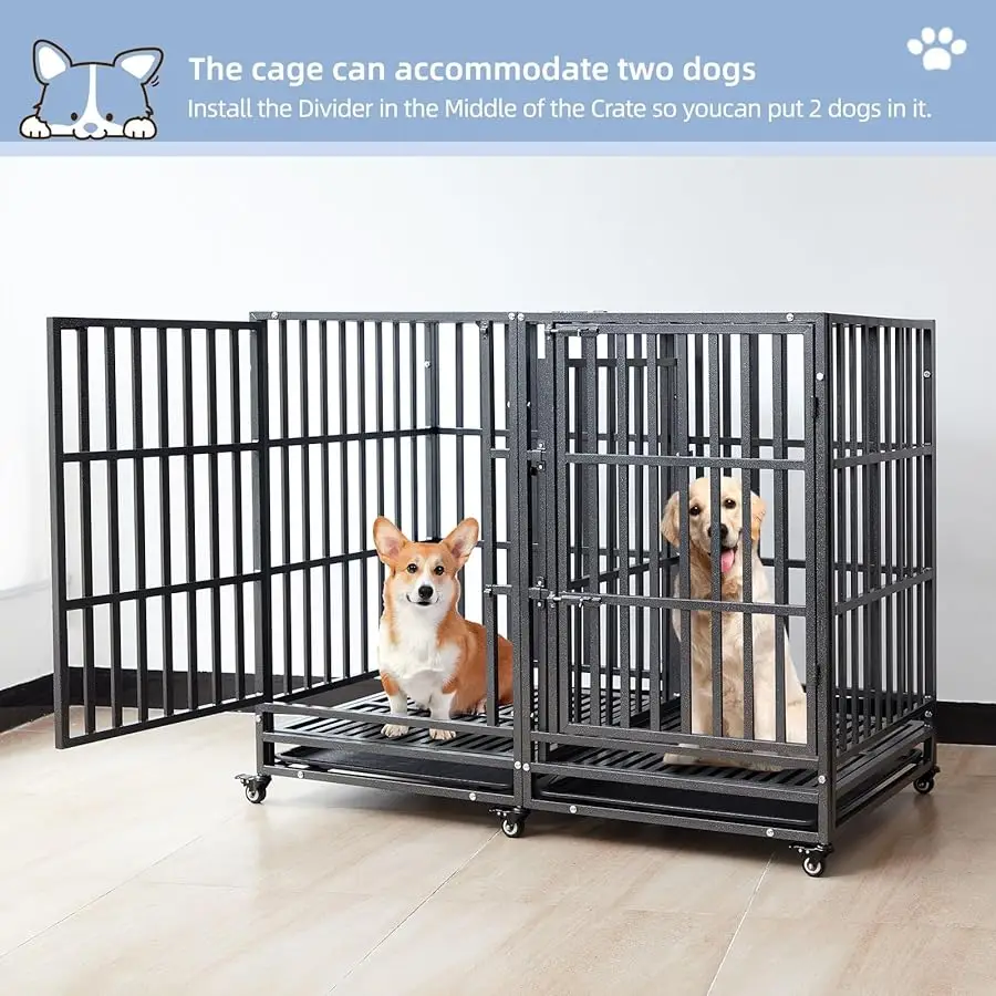 

54 inch Hea y Duty Indestructible and Escape-Proof Dog Crate Cage Kennel for 1 XL or 2 Medium Dogs, Di ider Panel, Remo able Tra