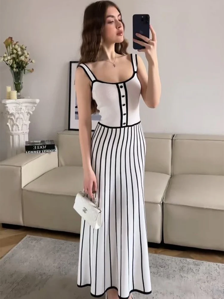 

Trendix Vintage Striped Knitted Maxi Dress Women Patchwork Slim Suspender Dresses Femme Autumn Elegant Knitwear Party Long Dress