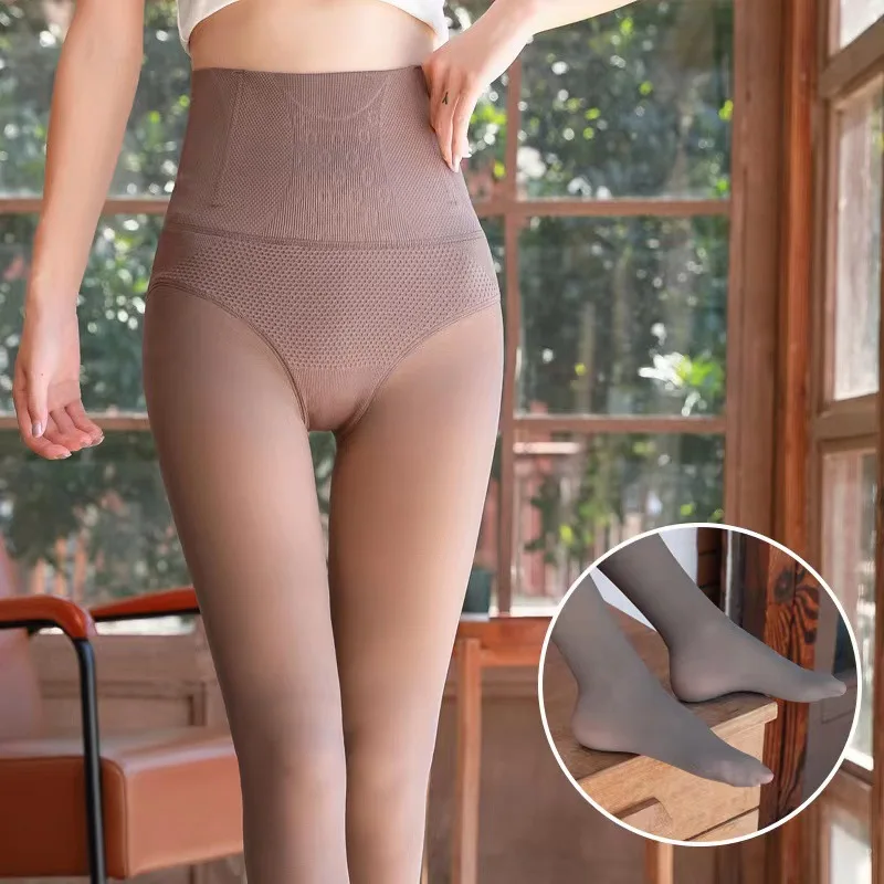 Autumn and Winter Gray See-through Leggings Socks for Women Fleece-lined Thick High Waist Belly Contracting