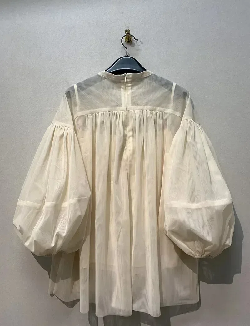 

Japan Mesh Blusas Mujer Shirts Blouses Round Neck Camisas Long Puff Sleeve Ropa Mujer Spring 2024 New Shirt Tops with Camis