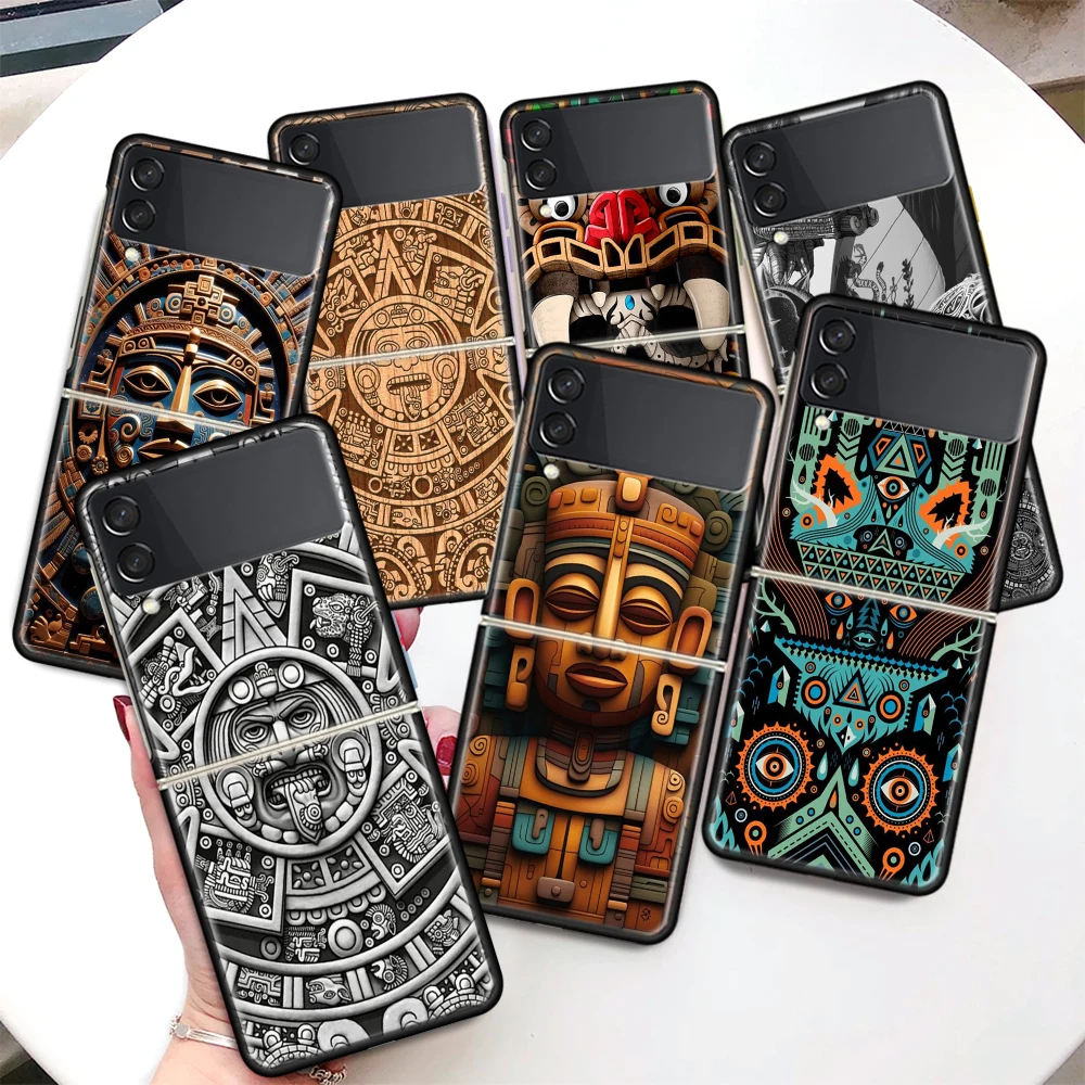 Mayan Stone Totem Pole For Samsung Galaxy Z Flip 6 5 4 3 5G Phone Case Black Hard Cover ZFlip 6 5 4 3 Shockproof Bumper Coque Ga