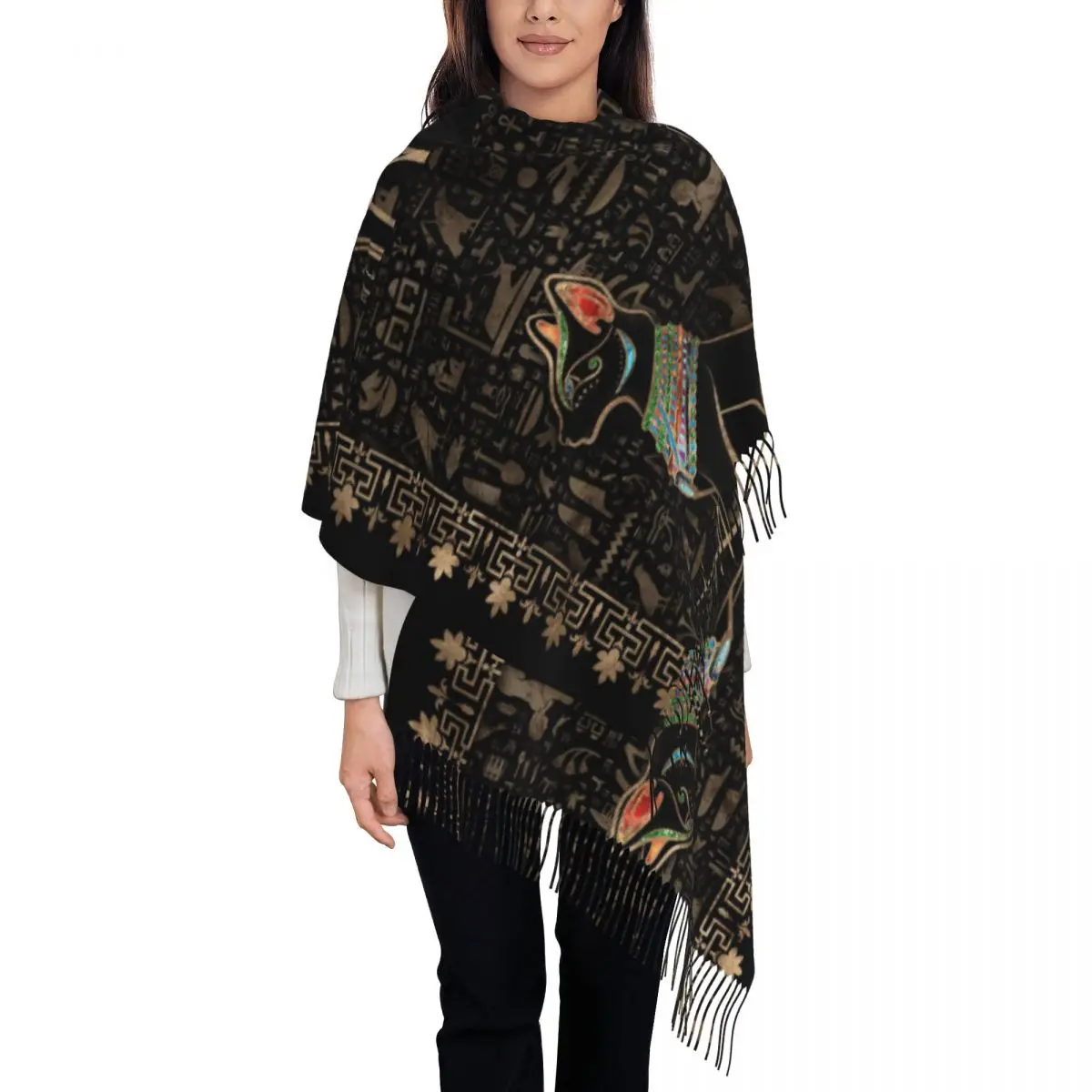 Womens Tassel Scarf Egyptian Cat Long Super Soft Shawl Wrap Ancient Egypt Hieroglyphs Gifts Cashmere Scarf