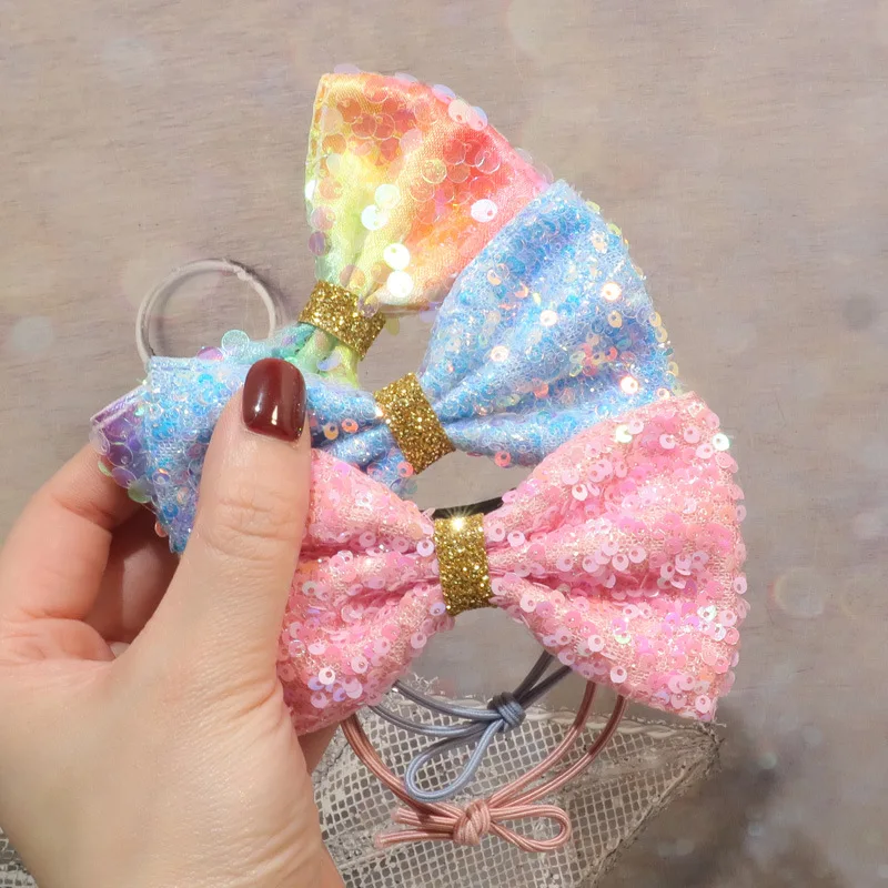 25pcs Glitter Gradient Color Bow Elastic Hair Bands Pastel Sequin Bowknot  Ponytail Holder Boutique Hair Accessories Headwear