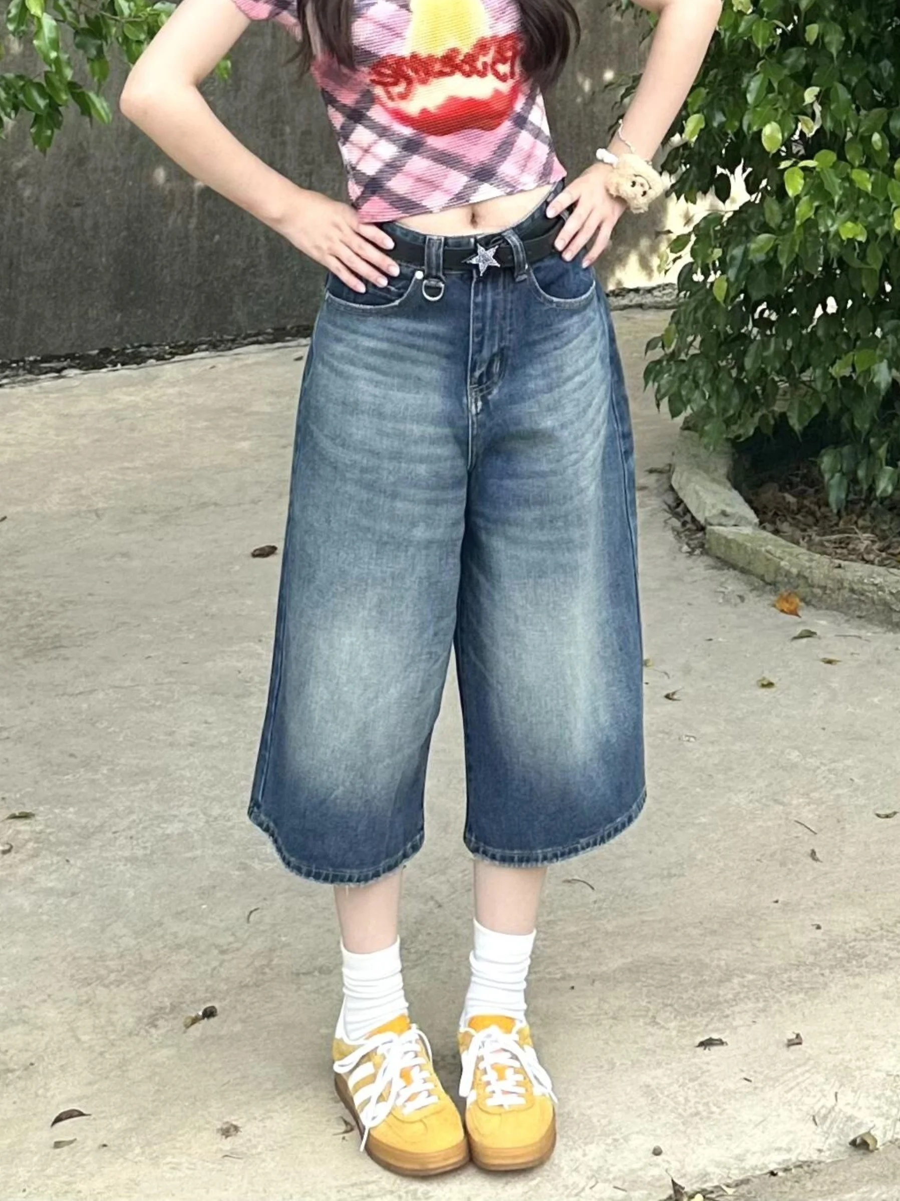 

American Retro Denim orts Women's Summer Versatile High Waist Loose Slim Straight Leg Wide Leg Mid-length Pants