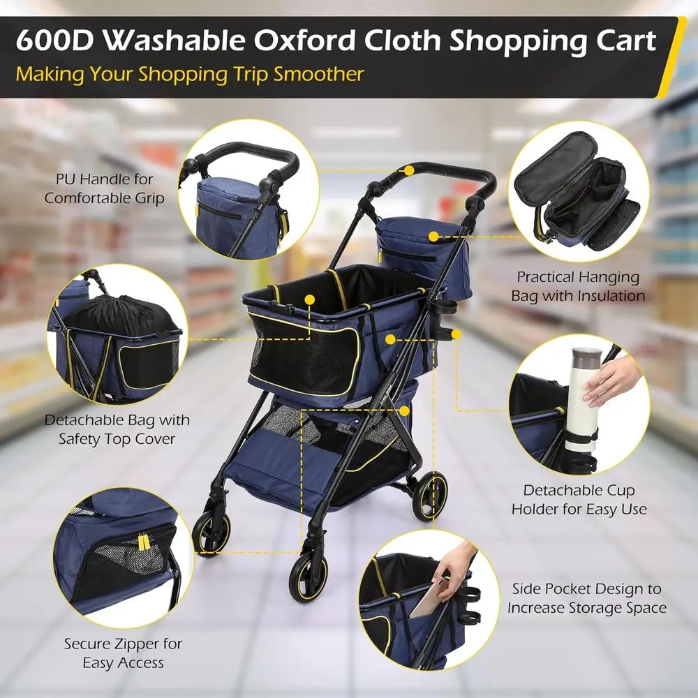 Folding Grocery Cart with 70 lbs Capacity, Adjustable Handle, Swivel Wheels, 2-Tier, Navy Blue