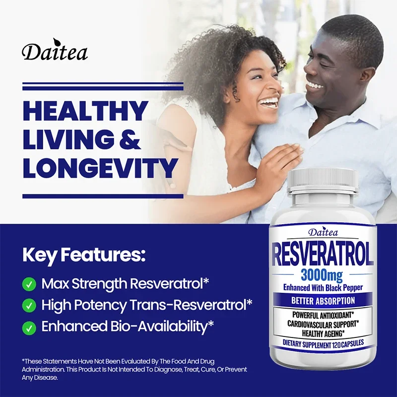 Extra Strength Resveratrol Natural Black Pepper, Healthy Aging, Heart Health, Brain Health, Oxidative Stress Gluten Free Non-GMO