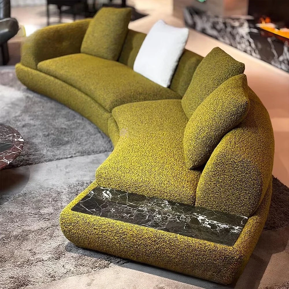 Modern Curved Sectional Sofa Boucle Fabric Couch with Marble Side Table for Villa Hotel Living Room Furniture Custom One-Stop