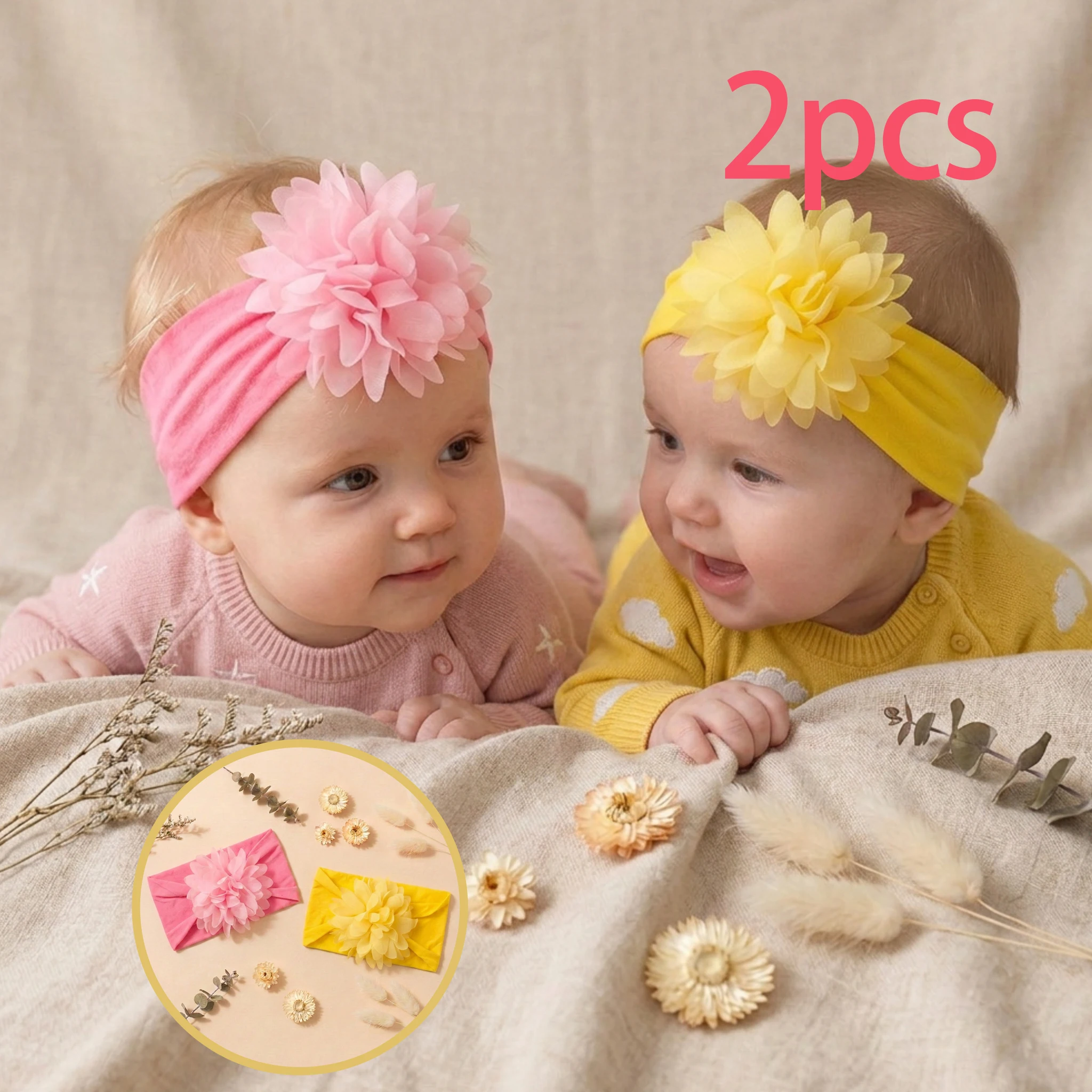 2Pcs/Set Baby Girls Headband Soft Elastic 3D Layered Chiffon Flower Hair Band Newborn Infant Toddler Photo Props Style New