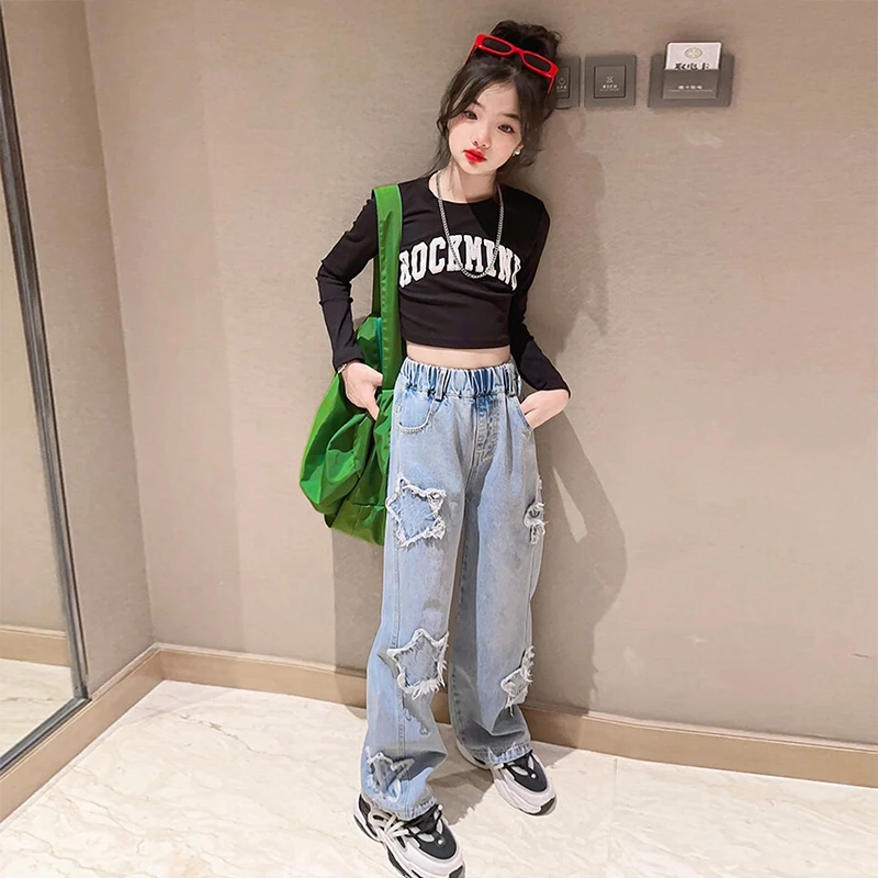 Spring Autumn Teenager Girls Denim Wide Leg Pants Children Trousers New Fashion Star Pattern Girls Jeans 5-14 Years Kids Clothes