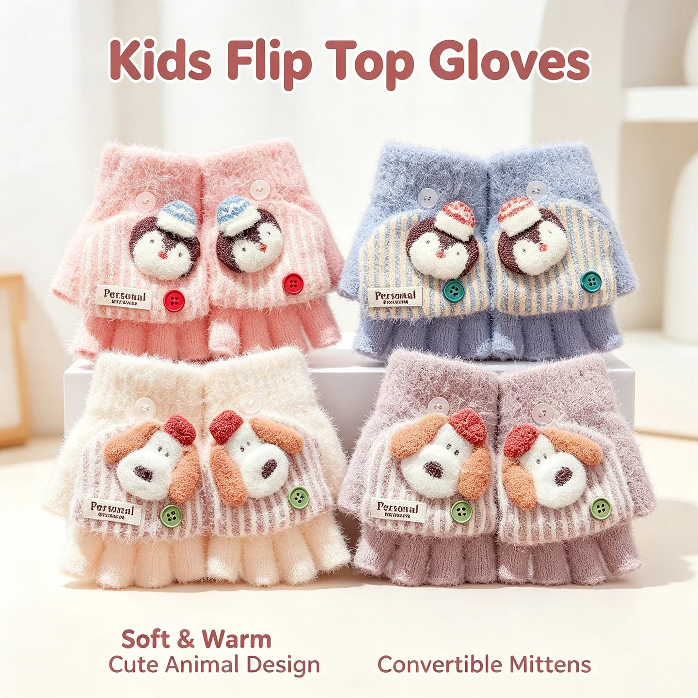 Cartoon Animal Plush Winter Convertible Flip Gloves For Girls Boys Warm Toddler Soft Plush Half Finger Knit Fingerless Gloves