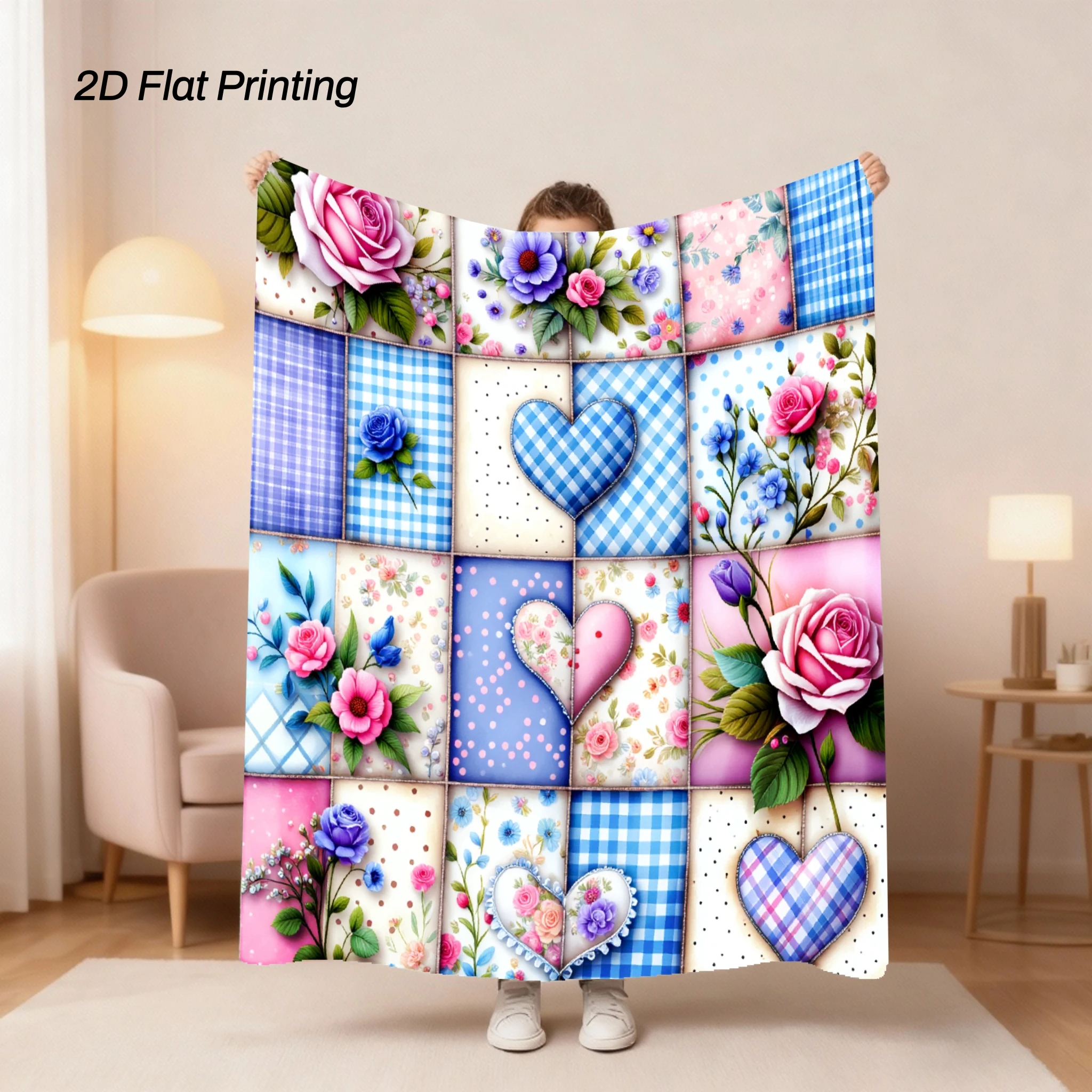 1pc Color Block Heart Rose Flannel Throw Blanket, Ultra Soft Warm Bed Cover, for Travel, Camping, Sofa, Bed, Warm Gift