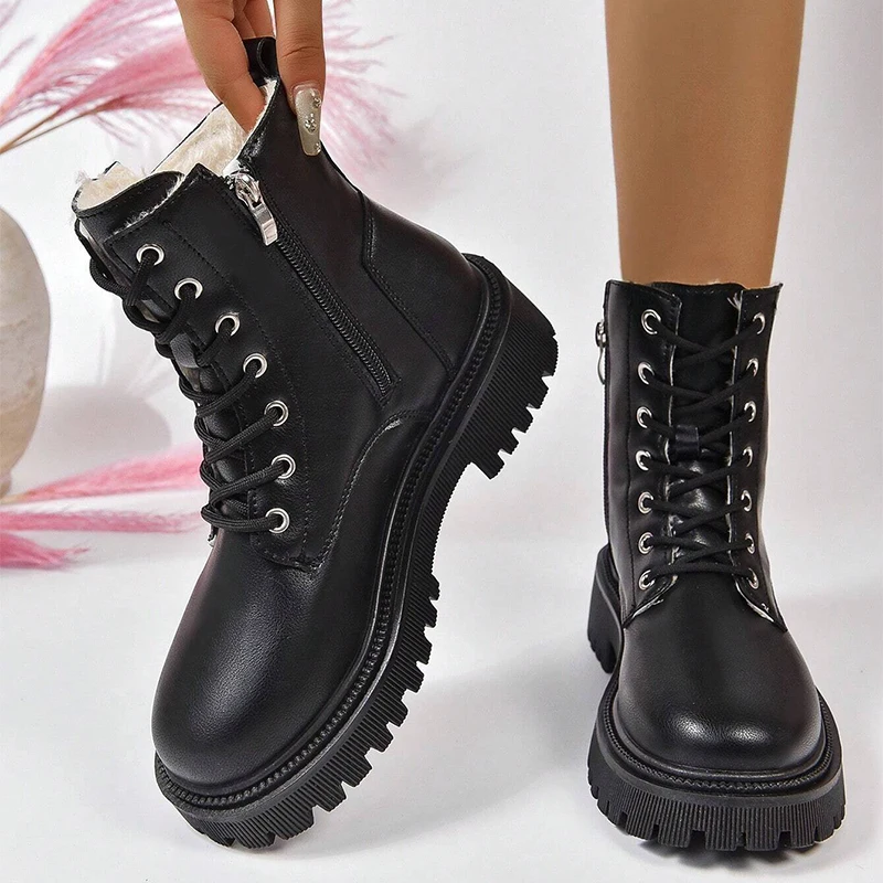 Classics Beige Black Lace Up Ankle Boots Women's Thicken Plush Winter Boots Pu Leather Side Zipper Square Heel Short Boots