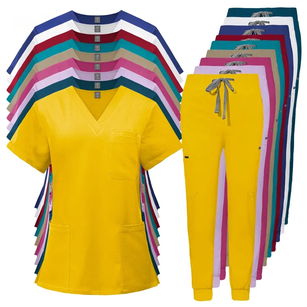 Scrubs jednolity garnitur z krótkim rękawem topy z dekoltem w kształcie litery V + zestaw spodni do biegania mundurek pielęgniarski kobiety Multicolor Pet Doctor Scrub medyczna odzież robocza