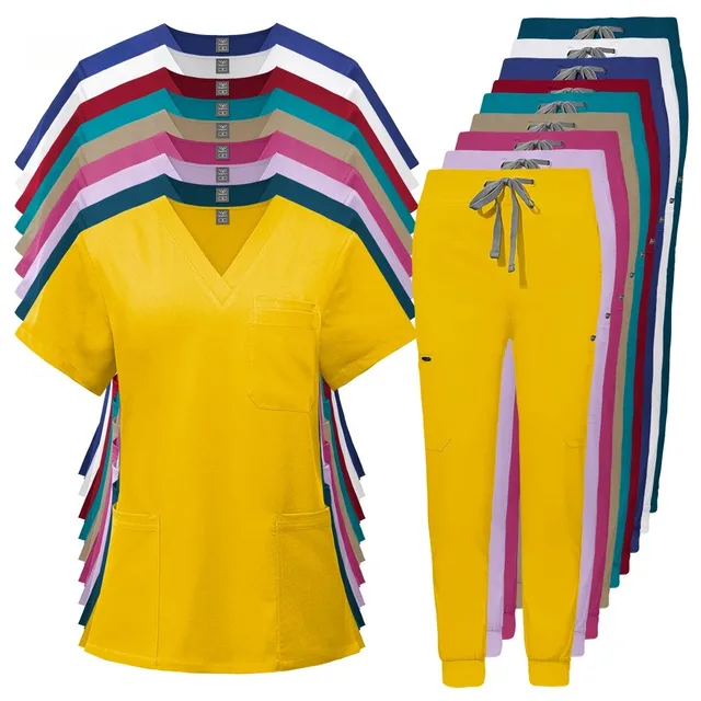 Scrubs jednolity garnitur z krótkim rękawem topy z dekoltem w kształcie litery V + zestaw spodni do biegania mundurek pielęgniarski kobiety Multicolor Pet Doctor Scrub medyczna odzież robocza