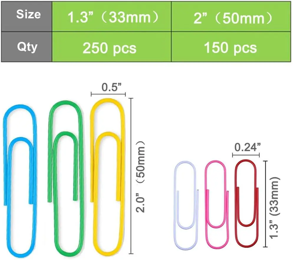 Kleur paperclips, 400 medium en jumbo (1,3 "en 2") paperclips, duurzaam, roestbestendig