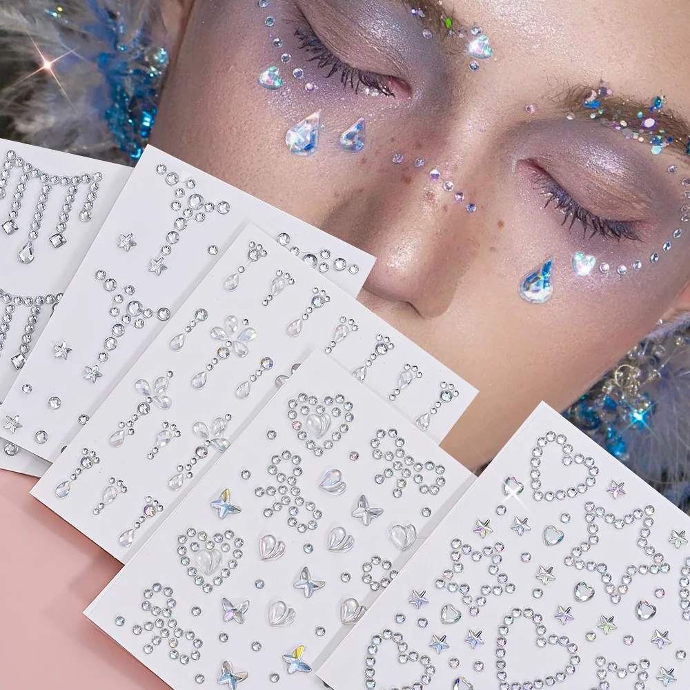 

5Sheet 3D Glitter Rhinestone Eye Face Tattoo Sticker DIY Music Festival Face Gems Sticker Makeup Face Decoration Jewelry Sticker