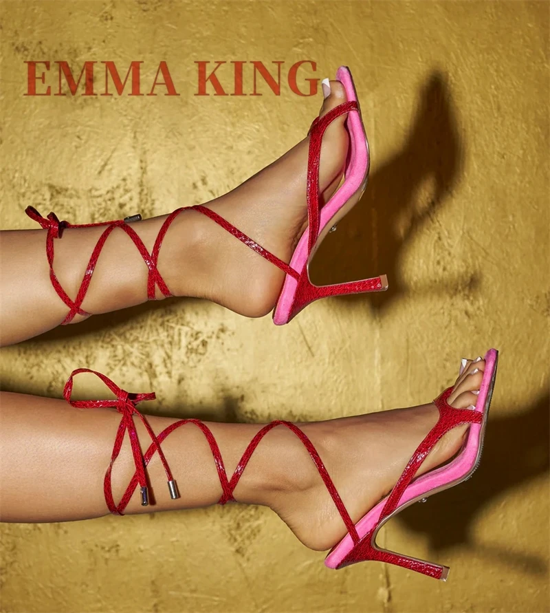 Red and Pink Stiletto Heel Sandals,Red Embossed Lace-Up Heeled Sandals,Open Toe Thong Design Ankle Wrap Sandals for Summer