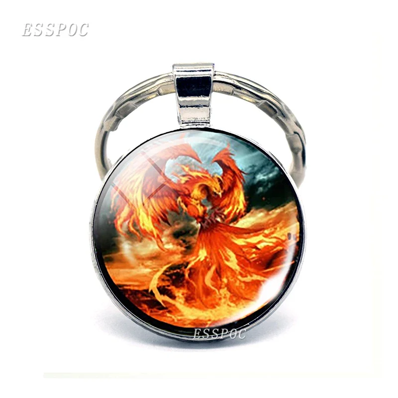 Phoenix Keychain Steampunk Yin Yang Jewelry Glass Cabochon Keyring Metal Fashion Accessories for Men Women Valentines Gift