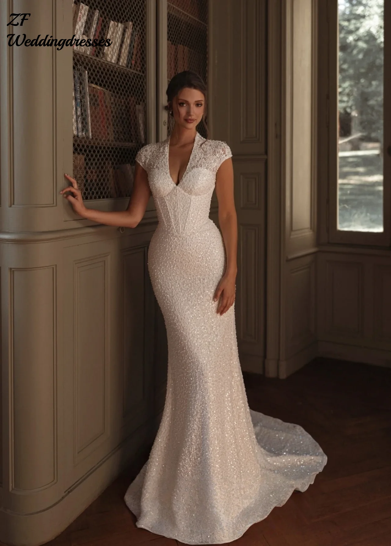 Customized Delicate Fully Lace Pearls Sexy Wedding Dress Fitted Waist Beaded Exquisite Bridal Gown Elegant Mermaid  Bride Wear