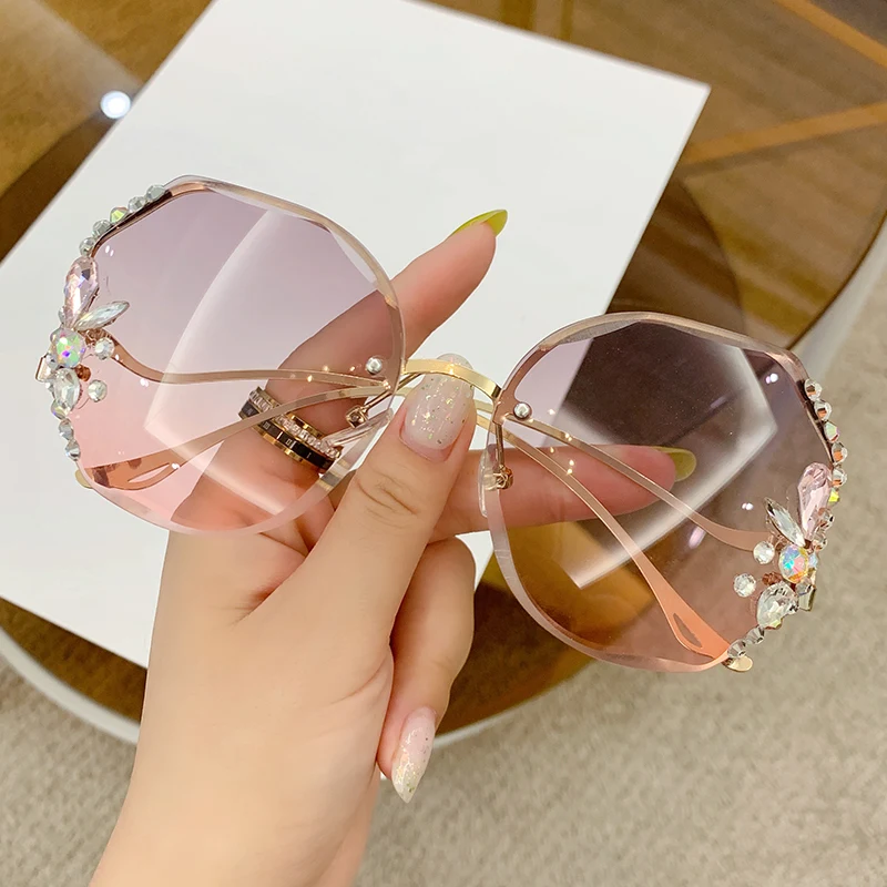 Women\'s New Diamond-encrusted Sunglasses Rimless Cut Edge Sunglasses Big Face Slimming Sunglasses