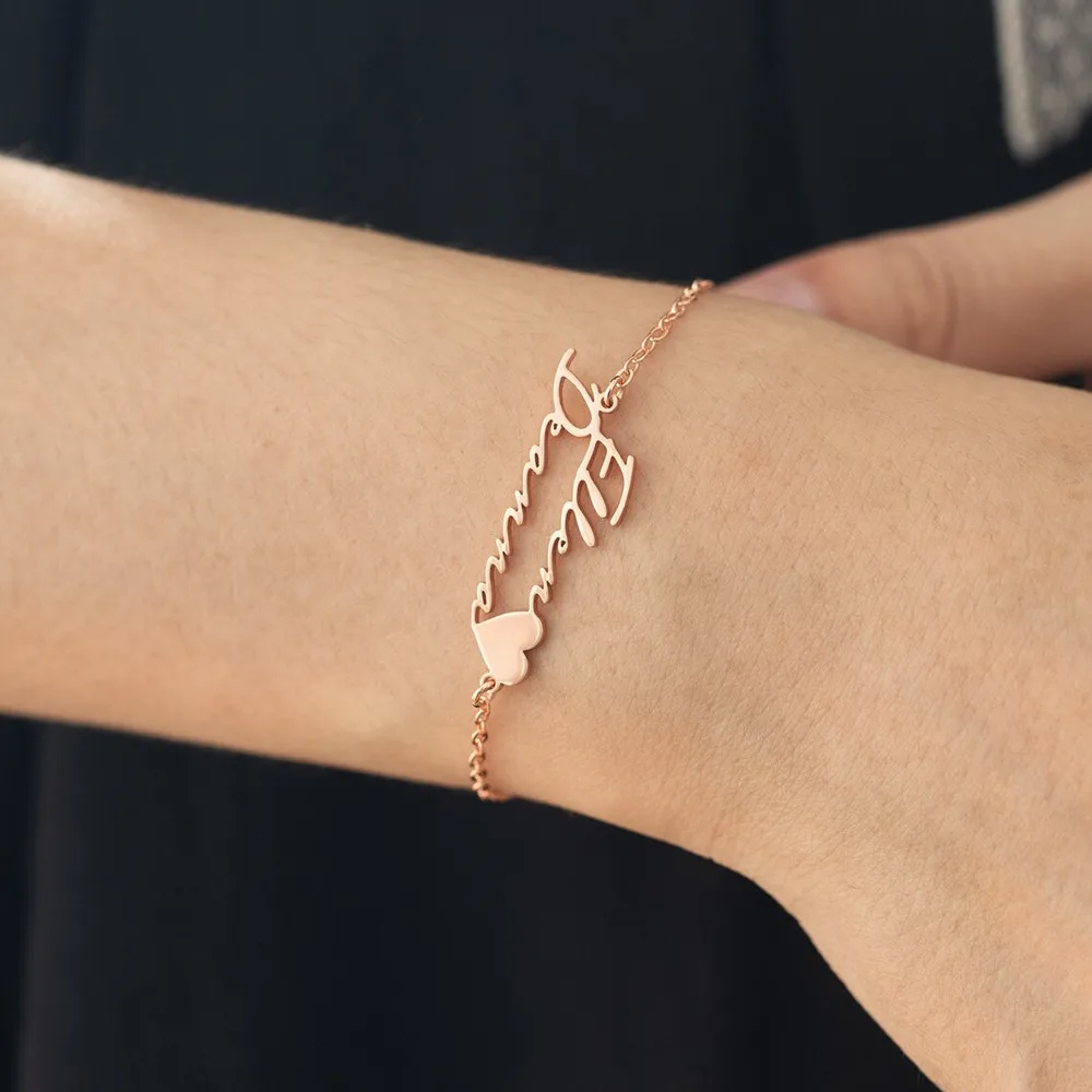 Personalizad Heart Name Bracelet For Women Custom Stainless Steel Chain Double Cursive Pulsera Lovers Jewelry Accessories