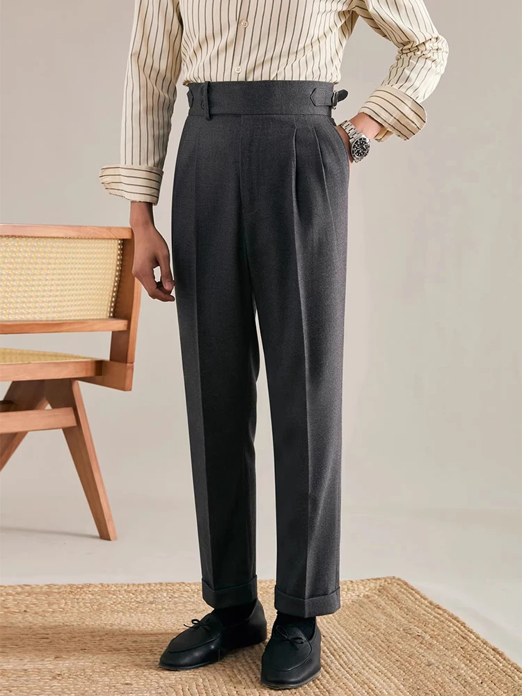 Trendy High Waist Belt Design Suit Trousers For Mens Spring Fall Casual Solid Color Pleated Slim Pants Men Vintage Straight Pant