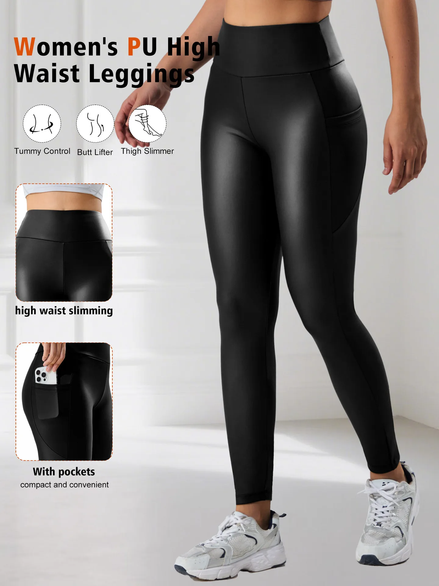 

Women's High-Waisted Fleece-Lined PU Leather Pants Autumn Winter Pocket-Style Yoga Sports Fitness Leggings