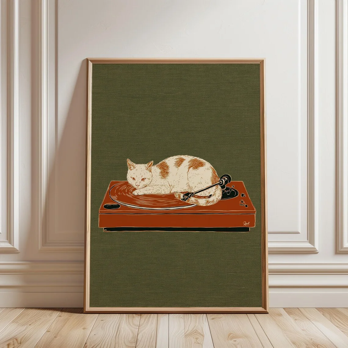 Cat Turntable Wall Decor Print - Ideal Gift for Vinyl Music Enthusiasts, Tabby Cat Owners, or anyone styling warm neutral music
