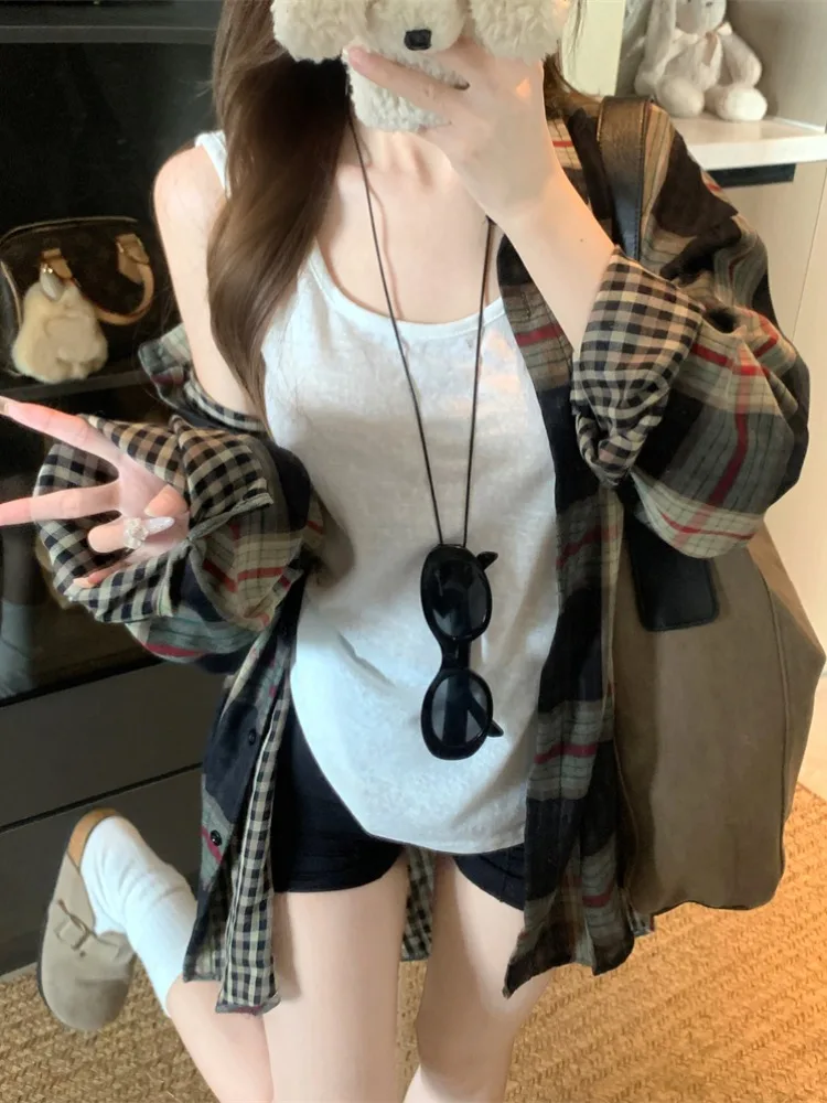 

Summer Loose Lazy Style Thin Sleeveless Overhead Vest Turn-down Collar Long Sleeve Japanese Retro Shirt Two-piece Set Women