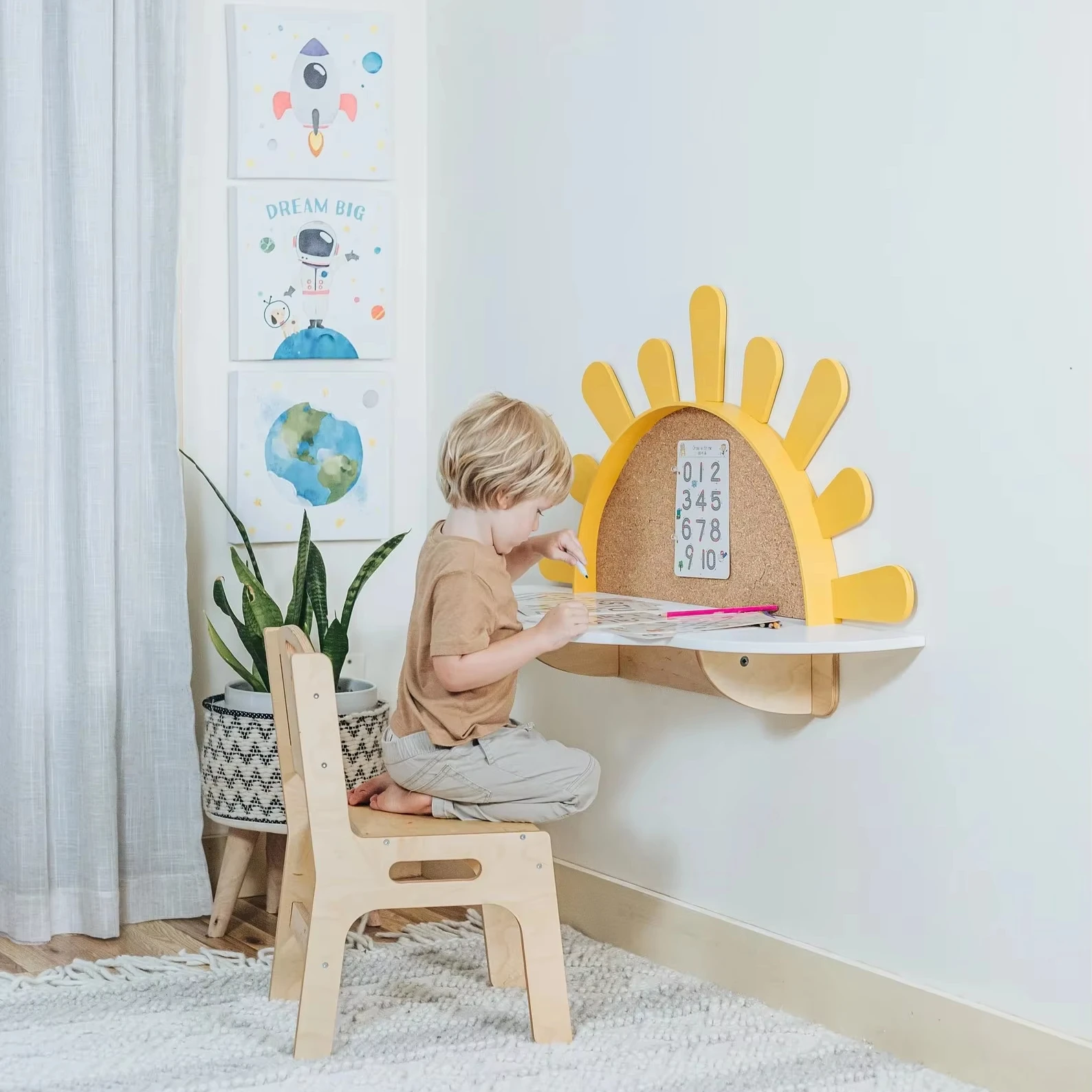 Sunshine Wall-Mounted Wood Kids Table Chair Set Montessori Furniture Toddler Playroom Boho Nursery Decor Cork Board Safety