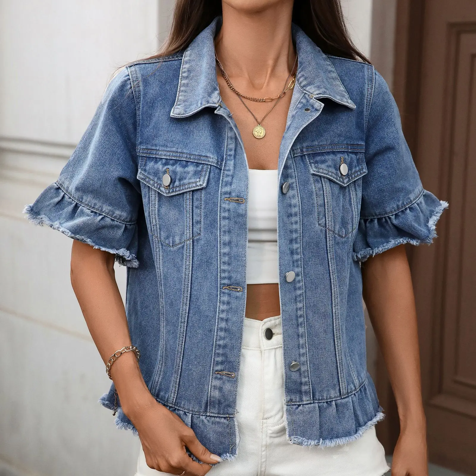Women's Denim Short Sleeve Jacket with Ruffled Cuffs & Hem, Frayed Raw Edge Button-Down Jean Top, Casual Trucker Style Blouse