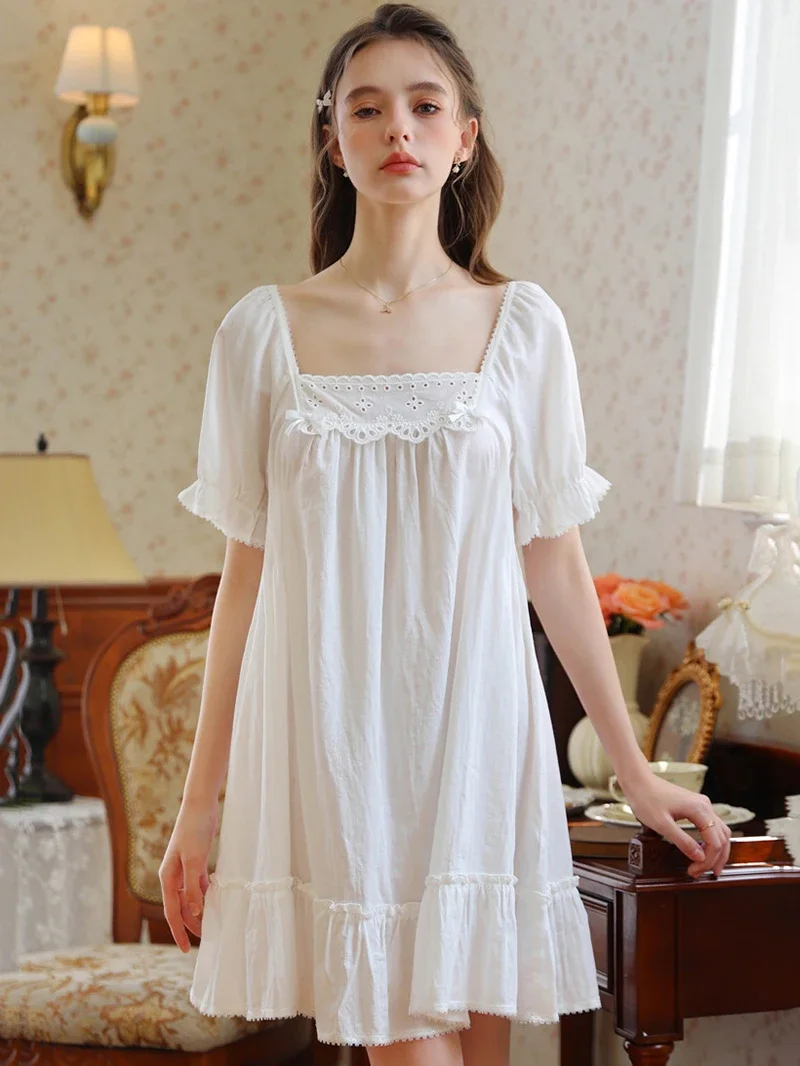 

Women Strap Sleepwear Skirt Summer Sweet Girl French Princess Cotton Short Sleeve Skirt Short Sleeve Pajama Sexy Sleepwear